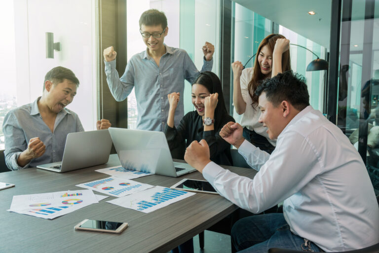Group Of Asianbusiness People With Casual Suit Working With Happy Action And Celebrate In The Modern Office, People Business Group Concept